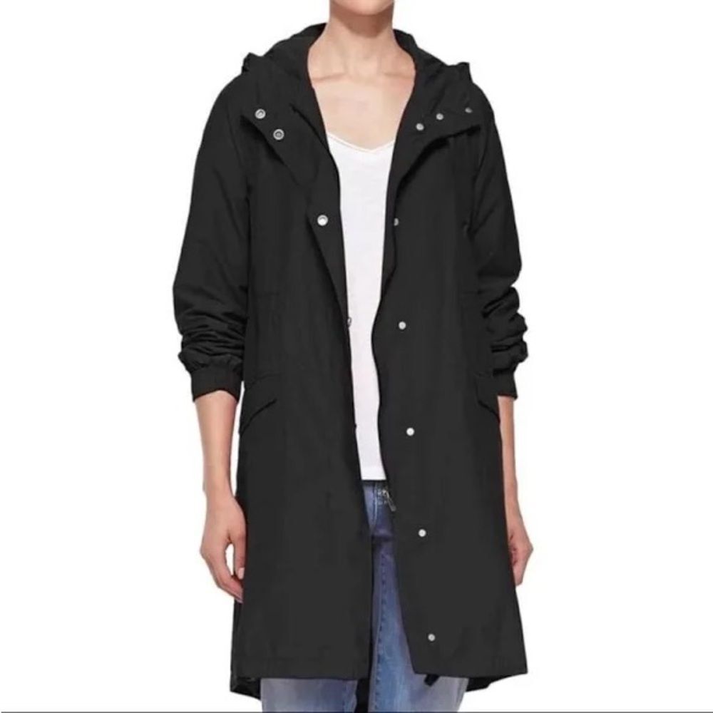 Eileen Fisher lightweight long jacket hooded black Windbreaker Anorak Jacket